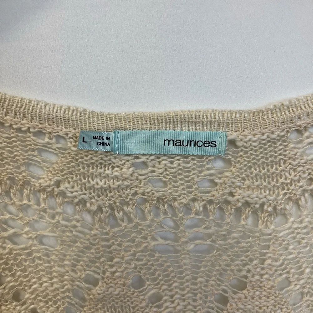 Maurices Sweater Cardigan L Open Front Open Knit Striped Tasseled Hem Waterfall